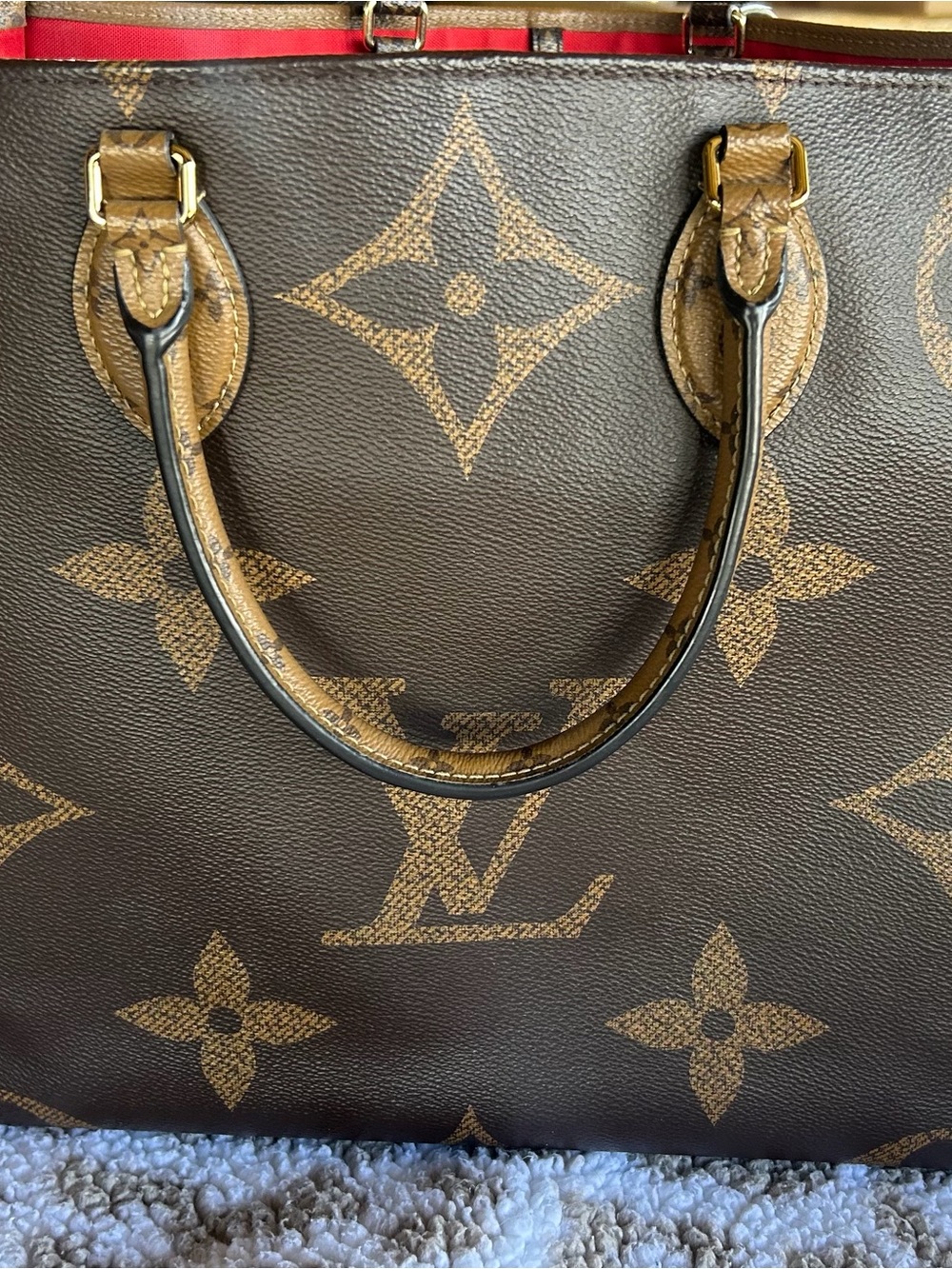 Louis Vuitton Monogram Canvas Tote with Gold Hardware and Red Trim